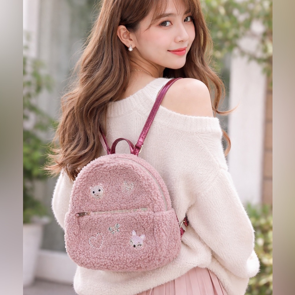 Place Jeweled Rhinestone‎ Bling Critter Sherpa Mini Backpack in Pressed Rose NWT